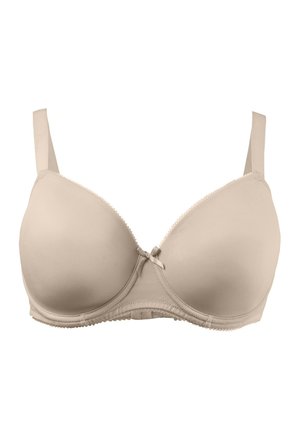 Beige padded beha met verstelbare bandjes, een delicaat strikje in het midden en kantafwerking langs de randen voor extra detail. Glad stofoppervlak.