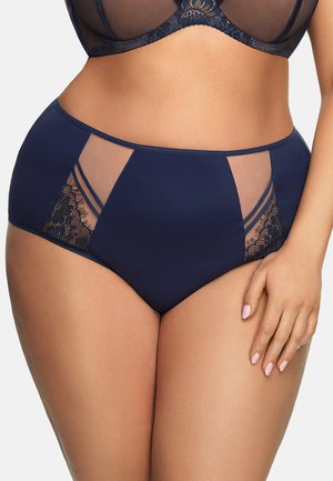 Hoge taille marineblauwe slipjes van een soepele stof, voorzien van doorzichtige gaaspanelen en kanten accenten voor extra detail en textuur.