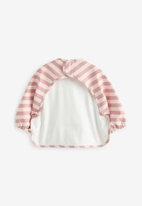 Striped waterproof smock with pink and white horizontal stripes, elasticated cuffs, and a large back opening for easy wear and removal.