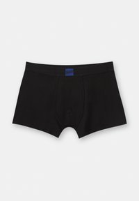 Fekete boxer alsónadrág sima textúrával, elasztikus derékpánttal és elülső kék márkajelzéssel. Kontúros zsebből készült, amely megfelelő illeszkedést biztosít.