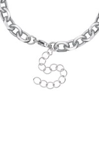 Collana in argento con maglie larghe, dotata di chiusura a moschettone e di un breve prolungamento con maglie circolari. Texture liscia e finitura lucida.