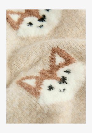 Villane kangas beeži taustaga, millel on pruunide ja valgete rebaste muster, mustade detailide aktsentidega. Pehme, tekstuuriga välimus.