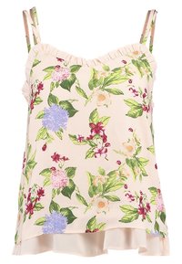 Top sin mangas floral con fondo rosa claro, presentando un escote con volantes, tirantes finos y flores variadas en rojo, azul y verde. Diseño fluido.