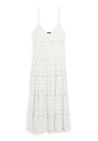 Robe blanche avec un motif quadrillé fin noir, bretelles spaghetti réglables, corsage ajusté et jupe évasée plissée. Fabriquée en tissu léger.