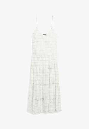 Biała sukienka z cienkim czarnym wzorem w kratkę, regulowanymi cienkimi ramiączkami, dopasowanym górnym częścią i rozkloszowanym, plisowanym dołem. Wykonana z lekkiego materiału.