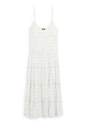 Weißes Kleid mit dünnem schwarzem Gittermuster, verstellbaren Spaghetti-Trägern, tailliertem Oberteil und weit ausgestellt geplissem Rock. Hergestellt aus leichtem Stoff.