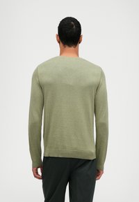 Hombre con cabello corto y oscuro, vistiendo una camisa de manga larga de color verde oliva y pantalones oscuros, de espaldas contra un fondo claro y liso.