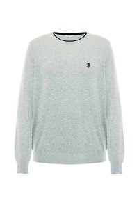 Maglione grigio chiaro realizzato in tessuto morbido, con scollatura rotonda, maniche lunghe e un piccolo logo nero sul lato sinistro del petto.