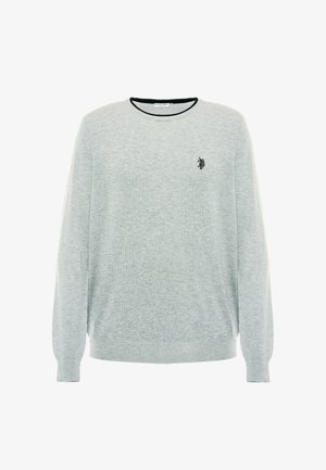 Maglione grigio chiaro realizzato in tessuto morbido, con scollatura rotonda, maniche lunghe e un piccolo logo nero sul lato sinistro del petto.