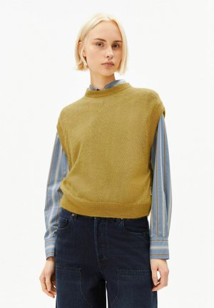 Junge Person mit kurzen blonden Haaren trägt einen senffarbenen ärmellosen Pullover über einem blau gestreiften Langarmhemd und dunkle Hosen.