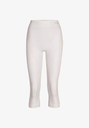 Weiße nahtlose, gekürzte Leggings mit gerippten Kniepolstern und hohem elastischem Bund, aufrecht vor einem schlichten Hintergrund dargestellt.