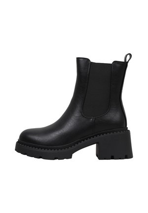 Bota negra de cuero hasta el tobillo con tacón grueso, paneles laterales elásticos, pestaña trasera para tirar y suela gruesa con dibujo.