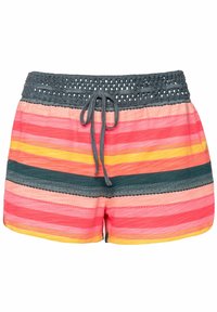 Meer kleurige shorts met horizontale strepen in roze, oranje en turquoise. Voorzien van een grijze elastische tailleband met een aangetrokken koord en gestructureerde accenten.