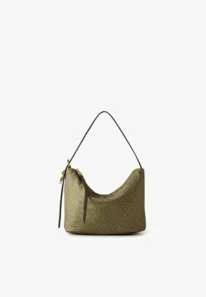 Piccola borsa verde oliva con motivo strutturato, tracolla singola e chiusura con zip con una lunga linguetta.