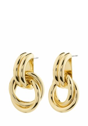 Gold-tone metal earrings featuring interlocking loops, polished surface, and secure post back. Smooth texture with circular design elements.