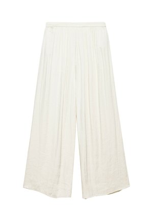 Pantalon crème à jambes larges et taille haute avec plis et ceinture élastique, fabriqué dans un tissu léger et fluide.