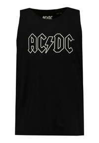 Zwarte mouwloze katoenen tanktop met het "AC/DC" logo in het wit, met een opvallende bliksemschichtaccent in het midden.