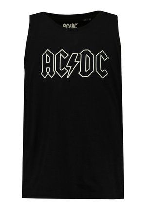 Schwarzes ärmelloses Baumwoll-Tanktop mit dem "AC/DC"-Logo in Weiß, mit einem markanten Blitz-Akzent in der Mitte.
