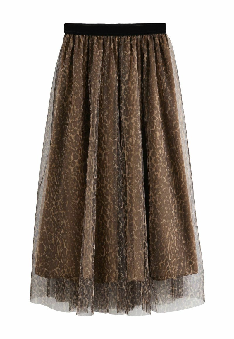 Jupon en tulle à imprimé léopard marron avec une taille élastique noire, design superposé et texture semi-transparente, tombant jusqu'à mi-mollet.