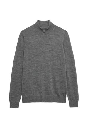 Maglione grigio a maniche lunghe in maglia con collo alto e chiusura con zip a quattro nel davanti.