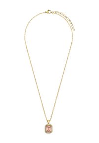 Gouden halsketting met een rechthoekige roze hanger, omringd door heldere stenen, met een delicate ketting en een kreeftsluiting.