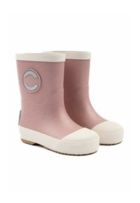 Botas de lluvia de goma rosa con glitter y suelas de goma blancas, puntera redonda y detalle de logo en el lateral. Acabados texturizados en el borde superior.