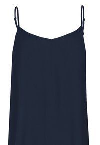Marineblaue ärmellose Top mit dünnen Trägern, V-Ausschnitt und glattem Stoff. Einfaches, minimalistisches Design.
