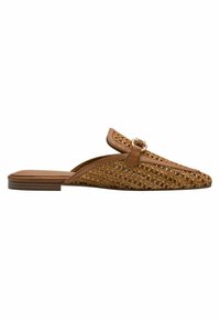 Woven tan slip-on shoe with a pointed toe and a flat brown sole, featuring a decorative buckle and smooth leather accents.