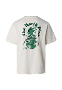 Light beige cotton t-shirt featuring a green graphic design of a bear and globe on the back. Round neck, short sleeves, relaxed fit.