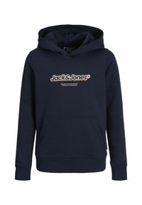 Mörkblå bomullshuva med en stor framficka, dragskohette och tryckt logotyp "Jack & Jones" i kontrasterande färger på bröstet.