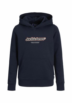 Námornícka modrá bavlnená mikina s kapucňou, veľkou prednou kapsou a potlačeným logom "Jack & Jones" v kontrastných farbách na hrudi.
