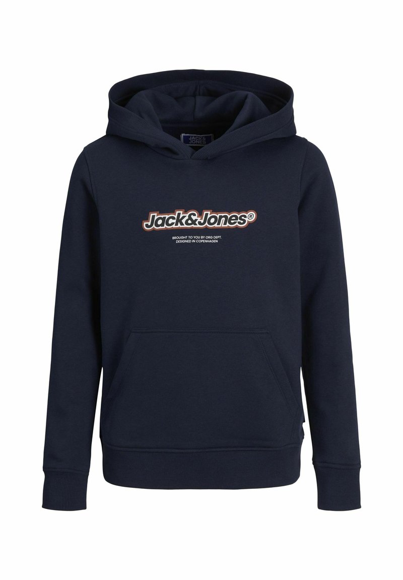 Mörkblå bomullshuva med en stor framficka, dragskohette och tryckt logotyp "Jack & Jones" i kontrasterande färger på bröstet.