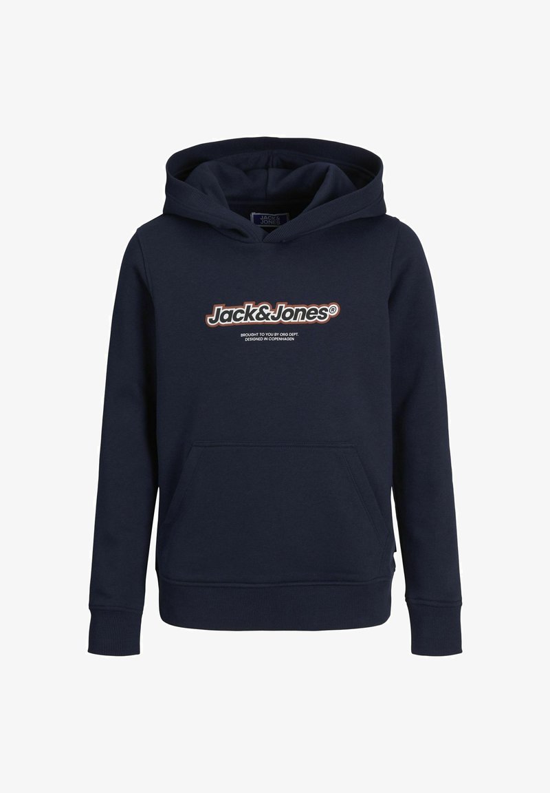 Tummansininen puuvillahuppari, jossa on suuri etutasku, nyöri-huppu ja rintaosassa kontrastiväreillä painettu logo "Jack & Jones".