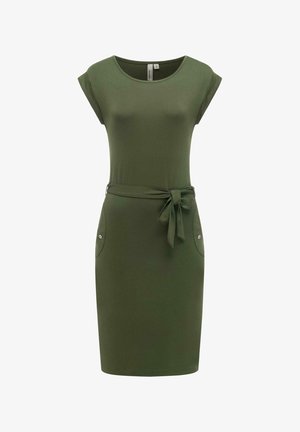Olivengrøn knælængde kjole med korte ærmer, rund halsudskæring, sidelommer med knapper og et knyttet stofbælte i taljen.