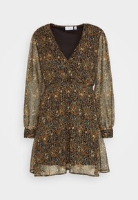 Robe à manches longues et décolleté en V en tissu transparent, avec une base brun foncé ornée de motifs abstraits dorés et turquoise. Ourlet fluide avec des accents froncés.