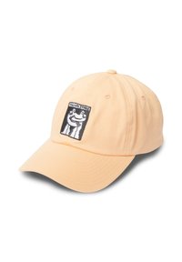 Casquette en coton couleur pêche avec un patch brodé à l'avant présentant un graphisme ludique et du texte. Design doux et structuré avec une visière courbée.