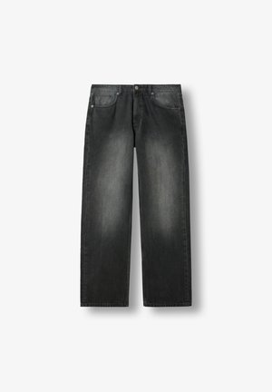 Mustad denim laiadegiga teksad tuhmunäoga, millel on viis taskut ja metallist nööp. Sujuv tekstuur koos kergete kulumisjälgedega.