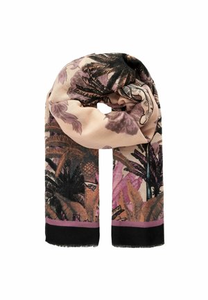 Écharpe douce avec imprimé botanique en tons rose, noir et beige, présentant des fleurs et des feuilles, pliée avec des bords noirs à franges.