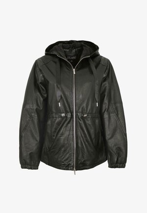 Schwarze Lederjacke mit Kapuze, vorne mit Reißverschluss, verstellbarem Kordelzug an der Taille, elastischen Bündchen und zwei Fronttaschen.