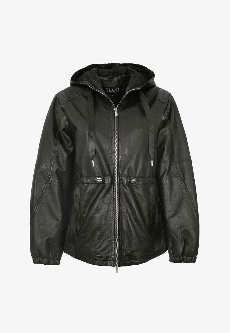 Black leather hooded jacket with front zipper, drawstring waist adjustments, elastic cuffs, and two front pockets.