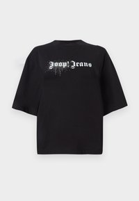 T-shirt noir surdimensionné en coton, avec des manches courtes et un motif à l'avant comportant le texte blanc "Joop Jeans" et des détails scintillants.