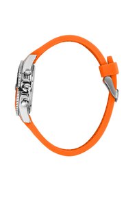 Bracciale per orologio in silicone arancione con cassa in acciaio inossidabile, dotato di corona e due pulsanti, texture liscia e design minimalista.