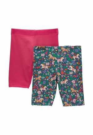 Dva páry detských legín do kolien, jedny jednoliate jasne ružové, druhé tmavomodré s farebnou potlačou koní a kvetov.