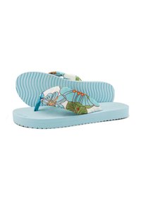 Light blue flip-flops with a textured sole and floral-patterned straps featuring green leaves and orange accents.