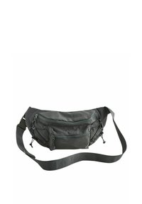 Borse a fanny pack in tessuto grigio con più tasche con zip, tracolla regolabile e dettagli elastici. Forma arrotondata e superficie texturizzata.