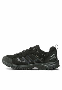 Czarne buty outdoorowe z siateczkową cholewką, gumową podeszwą i akcentami Gore-Tex. Posiada system sznurowania oraz teksturowany bieżnik zapewniający przyczepność.