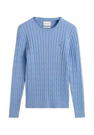 Light blue cable-knit sweater featuring a round neckline and long sleeves. Subtle GANT logo embroidered on the chest. Soft texture.