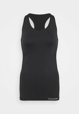 Sort atletisk tanktop med racerback-design. Fremstillet af glat, strækbart stof med logo-detalje ved kanten. Letvægts tekstur.