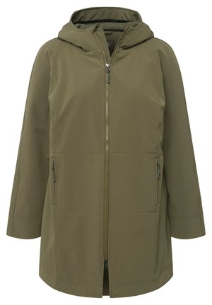 Olivgrüne wasserdichte Jacke mit Kapuze, Frontreißverschluss und seitlichen Taschen. Verfügt über ein aerodynamisches Design und eine weiche Textur.