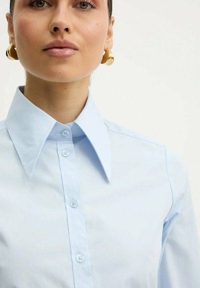Donna che indossa una camicia azzurra chiusa con bottoni, con un ampio colletto appuntito e orecchini a cerchio dorati, su uno sfondo chiaro e uniforme.